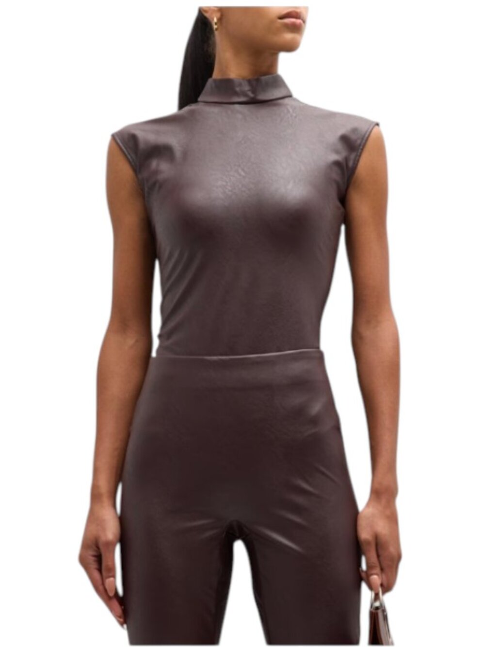 NWT Spanx Faux Leather Bodysuit Womens Small Chocolate Brown Mock Neck NEW